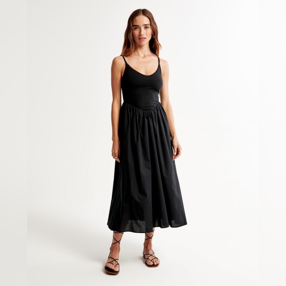 Abercrombie & Fitch Mixed Fabric Drop-Waist Midi Dress Black